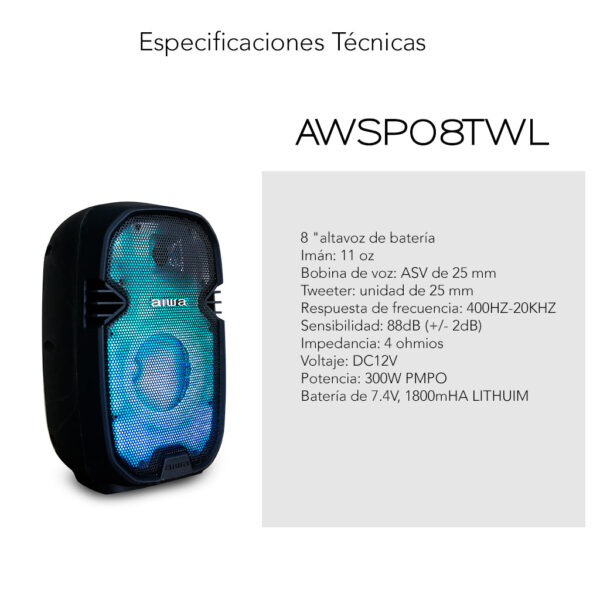 Sistema de Audio de 8" 300W PMPO |Micrófono | Luces LED multicolor | AWSP08TWL